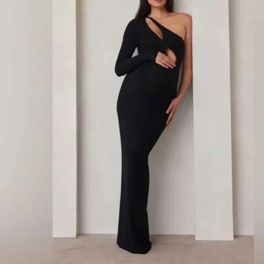 Bumpsuit Maternity One Shoulder Long Sleeve Cut Out Maxi Dress